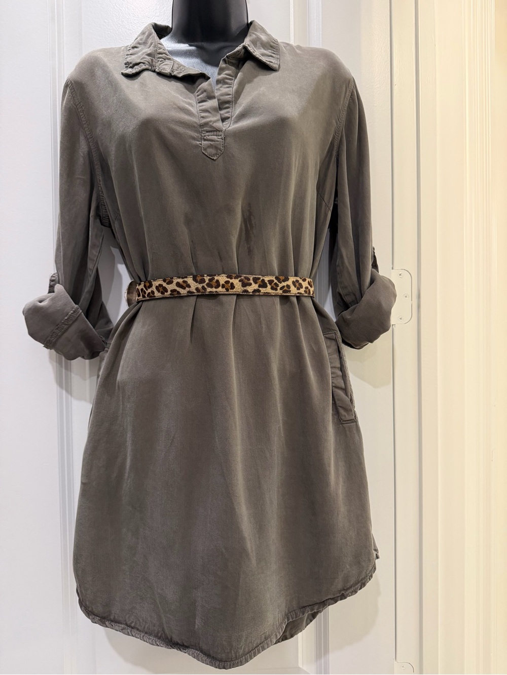 Velvet Heart Tencel Shirt Dress M Gray Roll Tab Sleeve Pockets Utility Boho